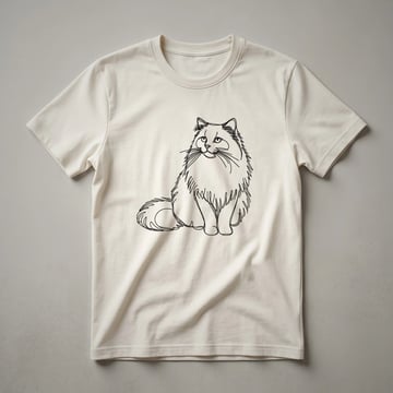 Black minimalist line art drawing of a Ragdoll cat's face with blue eyes, centered on a white t-shirt.