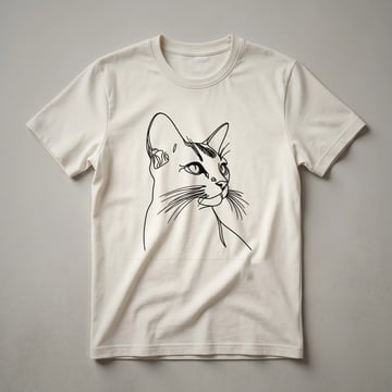Black t-shirt with a minimalist white line art drawing of an Abyssinian cat's head, focusing on its ears and facial outline.