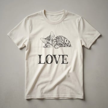 White graphic t-shirt featuring a black and brown spotted Bengal cat face illustration inside a red heart shape.