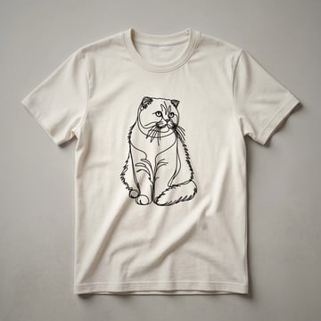 White line art drawing of a Scottish Fold cat's face on a black t-shirt, highlighting its folded ears and gentle expression.