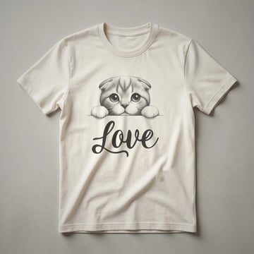 White graphic t-shirt featuring the face of a Scottish Fold cat with folded ears and a small heart symbol.