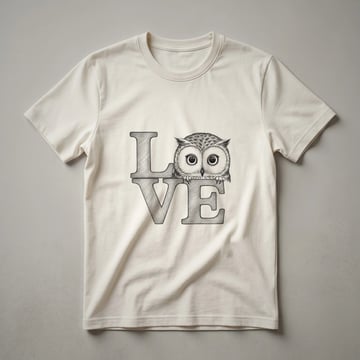 White graphic t-shirt with a vintage drawing of a Great Horned Owl in profile, featuring ear tufts and a heart shape on its chest.