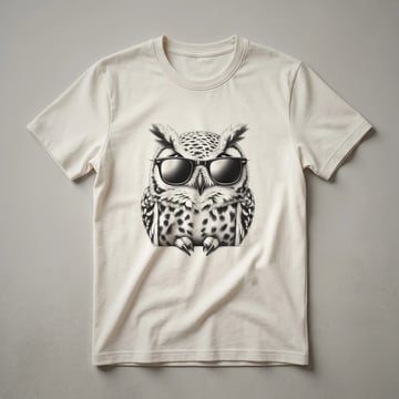White graphic t-shirt featuring a Great Horned Owl wearing black sunglasses, with the owl's ear tufts visible.