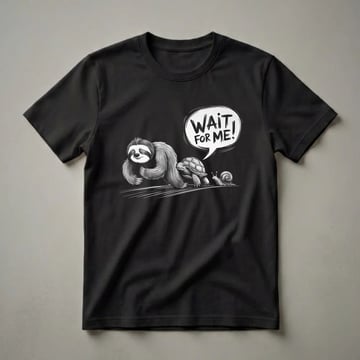 Black graphic t-shirt featuring a black and white illustration of a sloth, turtle, and snail racing with a speech bubble that reads 'WAIT FOR ME!'.