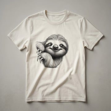 White graphic t-shirt with a cartoon sloth peeking from the bottom edge, showing its face and front paws with a smiling expression.