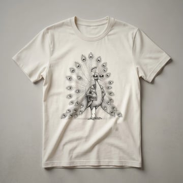 A black t-shirt featuring a cartoon peacock with its tail feathers spread wide in a colorful, fanned display.