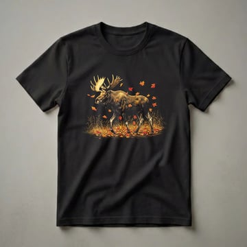 Black t-shirt with a detailed illustration of a bull moose walking through fallen red and orange autumn leaves with tall golden grass.