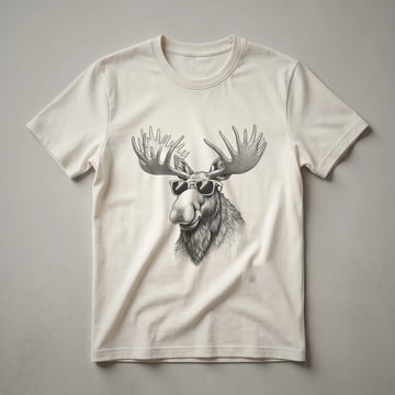 A white graphic t-shirt with a black print of a moose wearing dark sunglasses and a subtle forest background.