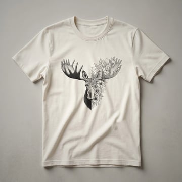 White t-shirt with a watercolor graphic of a moose head adorned with colorful flowers.