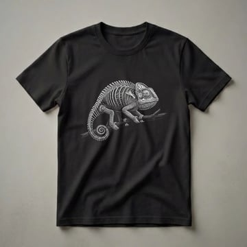 Black t-shirt with a detailed black and white illustration of a chameleon skeleton perched on a dark branch, showcasing its bones and textured skin.