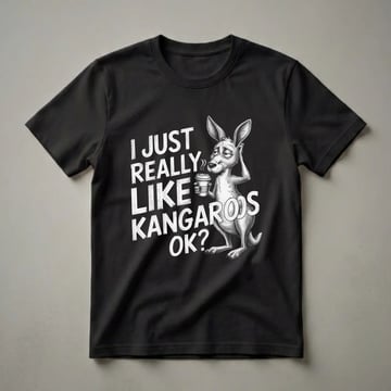 Black graphic t-shirt with white distressed text that reads 'I JUST REALLY LIKE KANGAROOS OK?' next to a detailed sketch of a tired kangaroo holding a coffee cup.