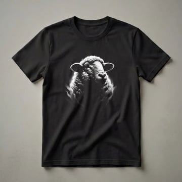 Black and white stippled graphic t-shirt featuring the head of a sheep with detailed wool texture and soft lighting against a dark background.