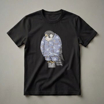 Light blue graphic t-shirt featuring a cartoon peregrine falcon wearing pajamas with a pattern of clouds, moons, stars, and owls.