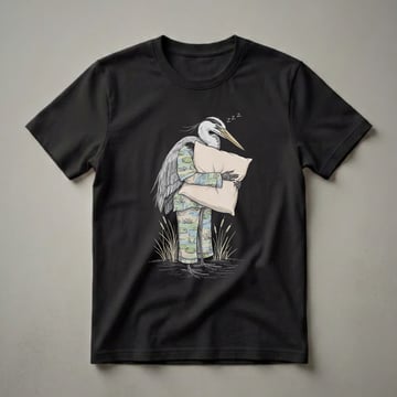 Black t-shirt featuring a hand-drawn illustration of a grey heron wearing blue and green patterned pajamas, holding a beige pillow, with 'ZZZ' above its head, standing amongst reeds.