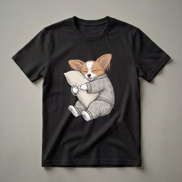 A graphic t-shirt featuring a cartoon Papillon dog wearing grey pajamas with paw print and bone patterns, hugging a beige pillow with its eyes closed and tongue sticking out.
