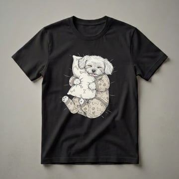 A graphic t-shirt featuring a black and white illustration of a sleepy white Maltese dog wearing pajamas and hugging a bone-patterned pillow, set against a black background.