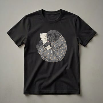 Dark grey t-shirt featuring a black Newfoundland puppy sleeping on a pillow, wearing pajamas with a bone and paw print pattern.