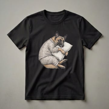 A graphic t-shirt featuring a hand-drawn illustration of a Belgian Malinois dog wearing light-colored pajamas with paw print and bone patterns, sleeping soundly on a pillow with its tongue sticking out.