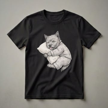 Light grey graphic t-shirt featuring a watercolor illustration of a sleepy Cairn Terrier dog wearing pajamas with paw print and bone patterns, hugging a pillow.