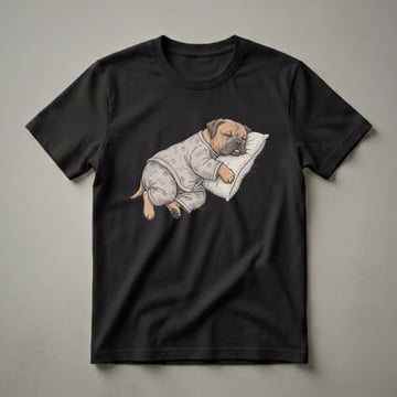 A fawn-colored Dogue de Bordeaux dog wearing grey pajamas with bone and paw prints, sleeping peacefully on a light-colored pillow. The dog has its eyes closed and tongue slightly out.