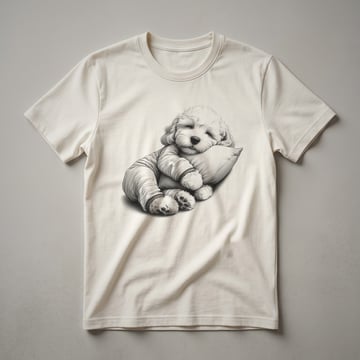White t-shirt with a cartoon illustration of a sleeping Cockapoo dog wearing blue pajamas and a nightcap.