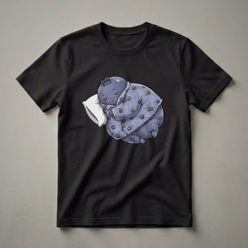 A cartoon blueberry character wearing blue pajamas with a blueberry pattern, sleeping peacefully on a white pillow. The character has closed eyes and rosy cheeks.