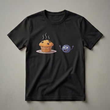 A white t-shirt features a cartoon graphic of a steaming blueberry muffin on a plate next to a scared-looking blueberry with its arms up.