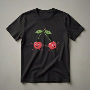 Black t-shirt with a graphic design of two cartoon cherries with arms and legs, pulling on a stem between them with distressed expressions and green leaves above.