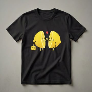 Black t-shirt featuring a cartoon illustration of two sad, split lemons with arms and legs, one holding a yellow suitcase, with a red heart above them.