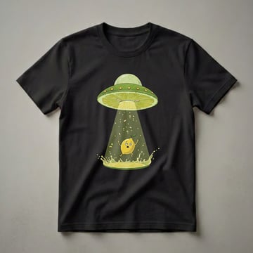 White t-shirt featuring a cartoon lime slice UFO abducting a cartoon lemon with a beam of light, surrounded by juice splashes and seeds.