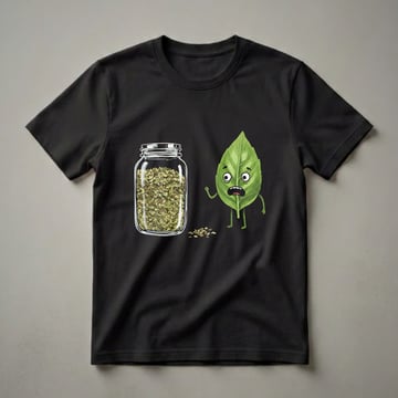 Black t-shirt with a graphic design featuring a jar of dried basil and a cartoon basil leaf character with a worried expression.