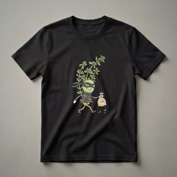 Black t-shirt featuring a cartoon illustration of a green thyme herb character wearing a black mask and bandana, holding a burlap sack labeled 'THYME' and dropping leaves.
