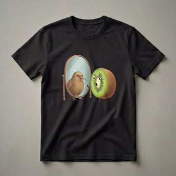 White graphic t-shirt featuring a cartoon kiwi fruit looking in a mirror and seeing a kiwi bird, with a surprised expression on both.