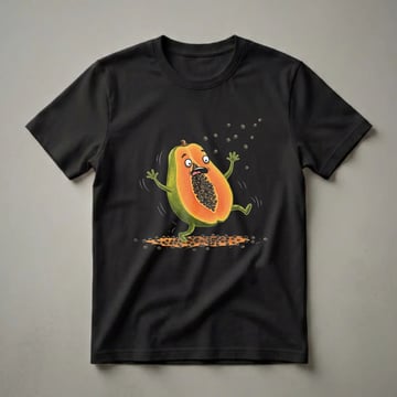 Black t-shirt featuring a cartoon papaya fruit character with a shocked expression, arms and legs, falling with its seeds scattering around it.