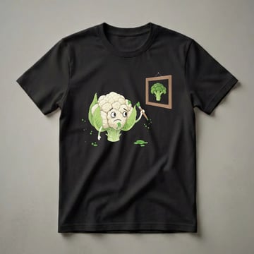 White cauliflower character with green leaves, holding a paintbrush and splattering green paint, with a framed portrait of broccoli hanging nearby, on a black background.