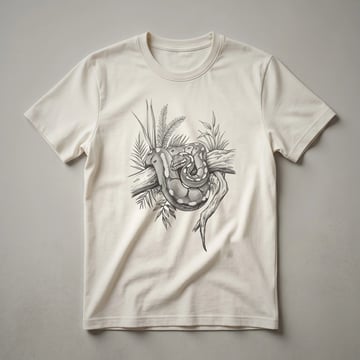 A vintage hand-drawn illustration of a coiled ball python snake on a plain background, featured on a graphic t-shirt.