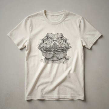 A vintage-style graphic t-shirt featuring a hand-drawn illustration of a bearded dragon's face in black and white.
