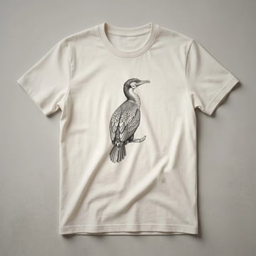 A black and white vintage line drawing of a cormorant bird in profile, printed on a white t-shirt.