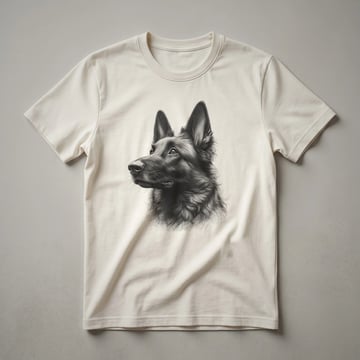 A white t-shirt featuring a black vintage line drawing of a Dutch Shepherd dog in profile.