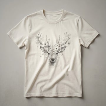 A white t-shirt featuring a black line drawing of a deer's face surrounded by flowers, with a vintage art style.
