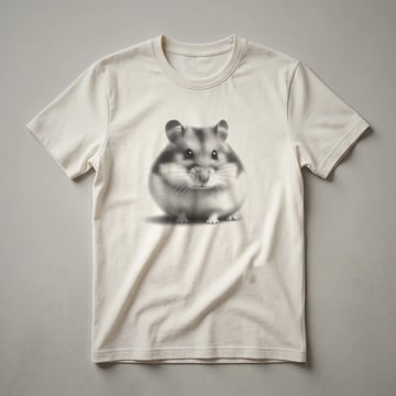A vintage-style drawing of a dwarf hamster on a white t-shirt, showcasing its detailed fur texture and small, alert posture.