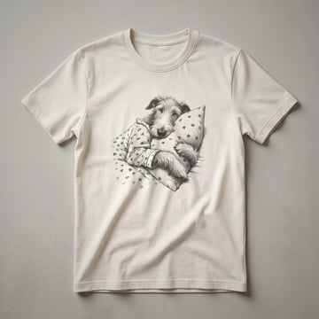 A black graphic t-shirt featuring a line drawing of a sleeping Irish Wolfhound wearing pajamas.
