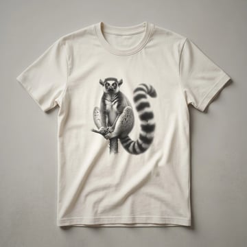 A black and white vintage sketch of a lemur with a long, striped tail, printed on a white t-shirt.