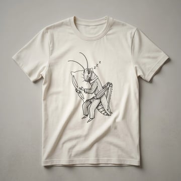 White t-shirt with a pen-and-ink drawing of a locust in vertical-striped pajamas hugging a pillow with eyes closed and 'ZZZ' above indicating sleep.