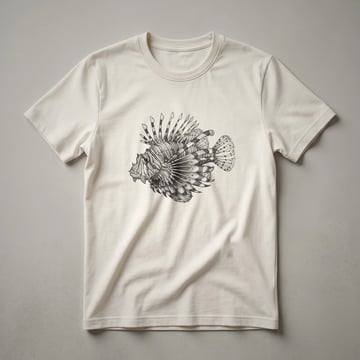 White graphic t-shirt featuring a vintage-style black and white drawing of a lionfish with its distinctive fins and stripes.