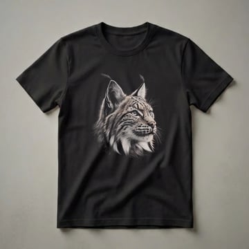 A black t-shirt featuring a detailed, monochromatic drawing of a lynx's head in profile, showcasing its tufted ears, intense eyes, and spotted markings.