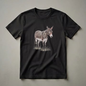 A brown and white mule is depicted in a detailed colored pencil drawing, standing in a patch of dry grass against a solid black background. The shirt is black.