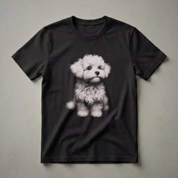 A black t-shirt featuring a detailed pencil drawing of a white Maltipoo puppy sitting against a black background, with curly fur and large dark eyes.