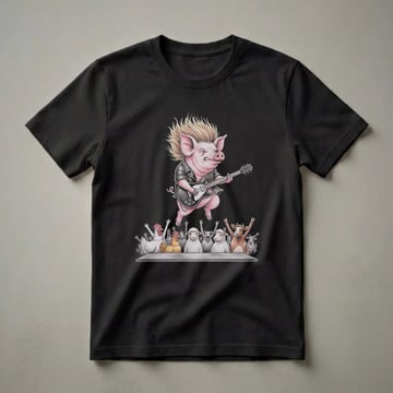 Black t-shirt featuring a drawing of a pig with a punk rock hairstyle and leather jacket playing an electric guitar, with a crowd of chickens, sheep, and a cow cheering below.