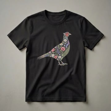 Black t-shirt with a ring-necked pheasant in profile whose body is composed of layered colorful flowers including red poppies, white daisies, and purple bluebells with green ferns.